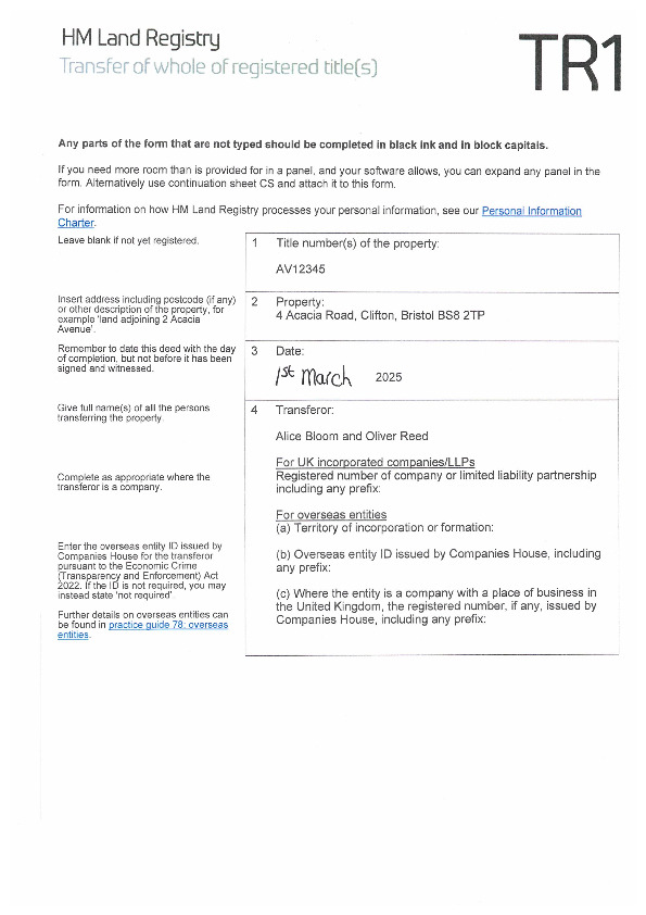 Transfer Deed Page 1 - Property Title and Transfer Details